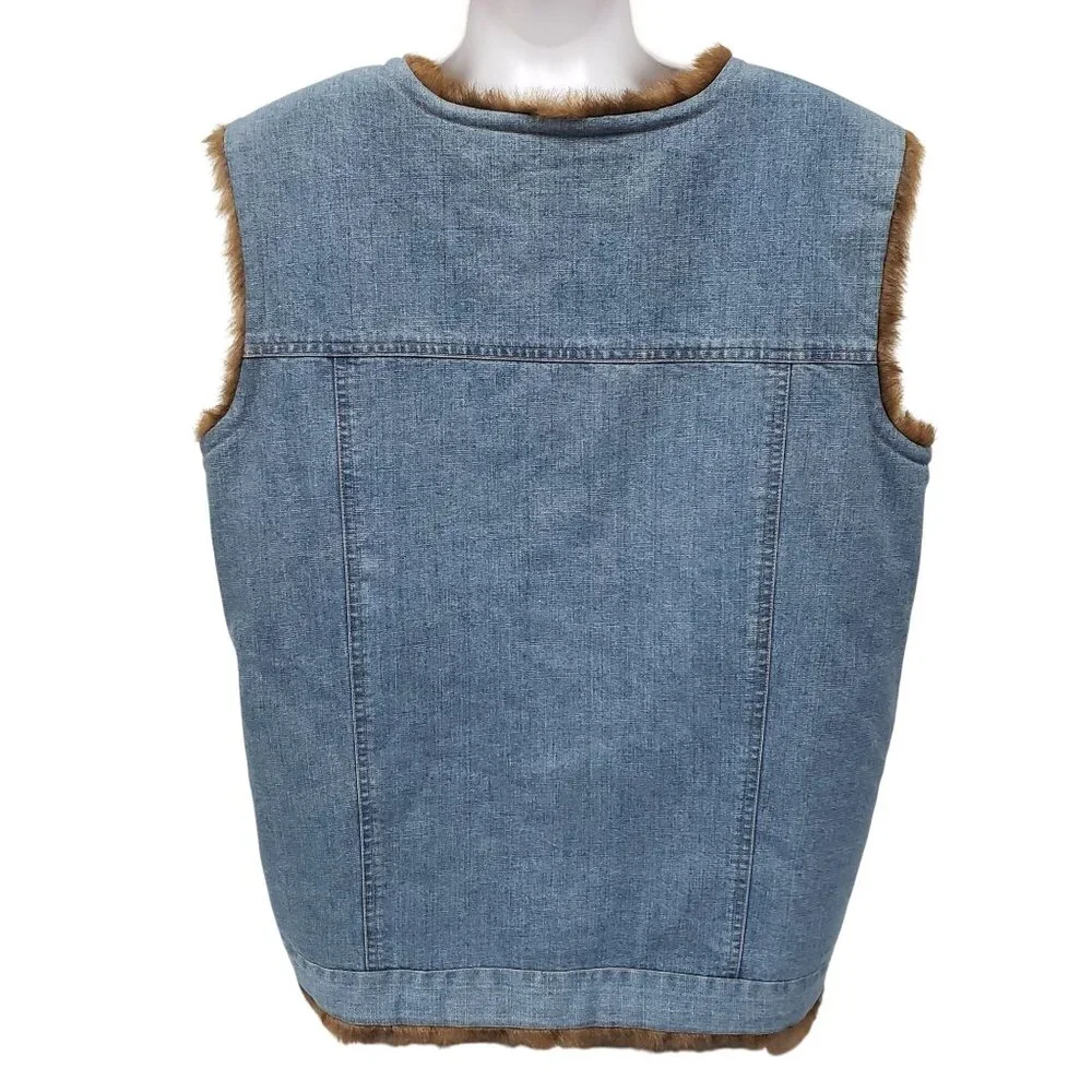 Denim & Co Womens Reversible Denim Vest Button Jacket Faux Fur Size Large - Picture 2 of 10